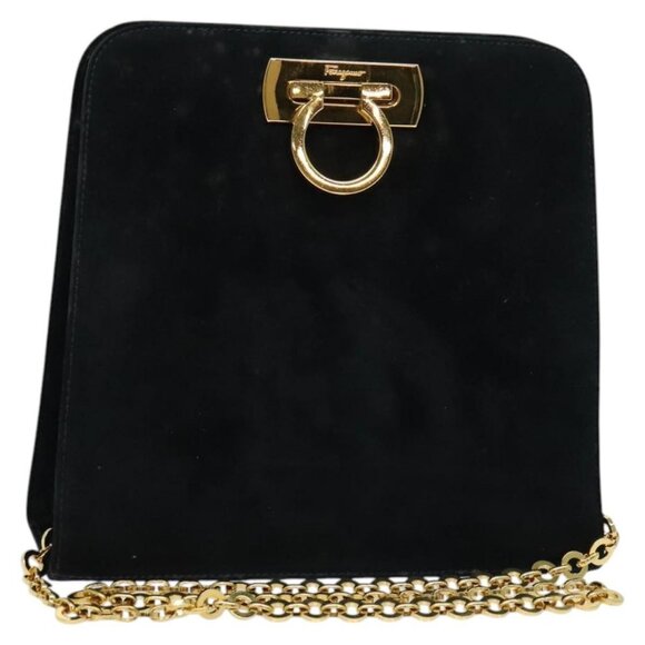 Salvatore Ferragamo Handbags - Salvatore Ferragamo Gancini Chain Shoulder Bag Suede Black Gold Auth 140965